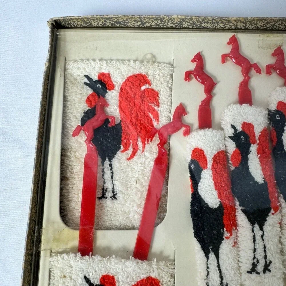 Vtg Knitted Coasters Rooster Motif Horse Swizzle‎ Sticks Midcentury Bar Kitschy